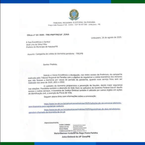 Ofício n° 18/2025 - Vem a público tratar sobre a coleta de BIOMETRIA