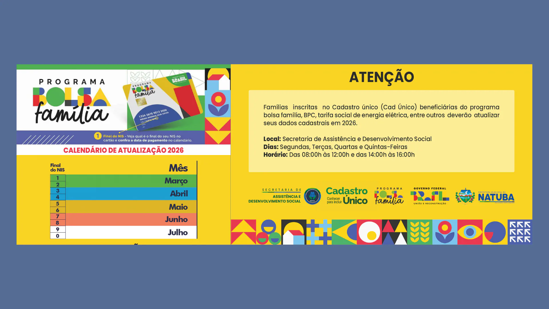 CALENDÁRIO DE ATUALIZAÇÃO DO BOLSA FAMÍLIA 2026